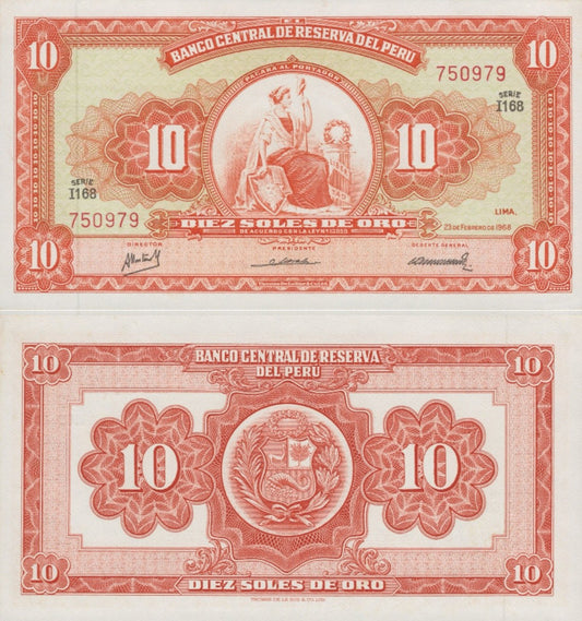 Peru 10 Soles De Oro 1968 P 84a UNC FOXING