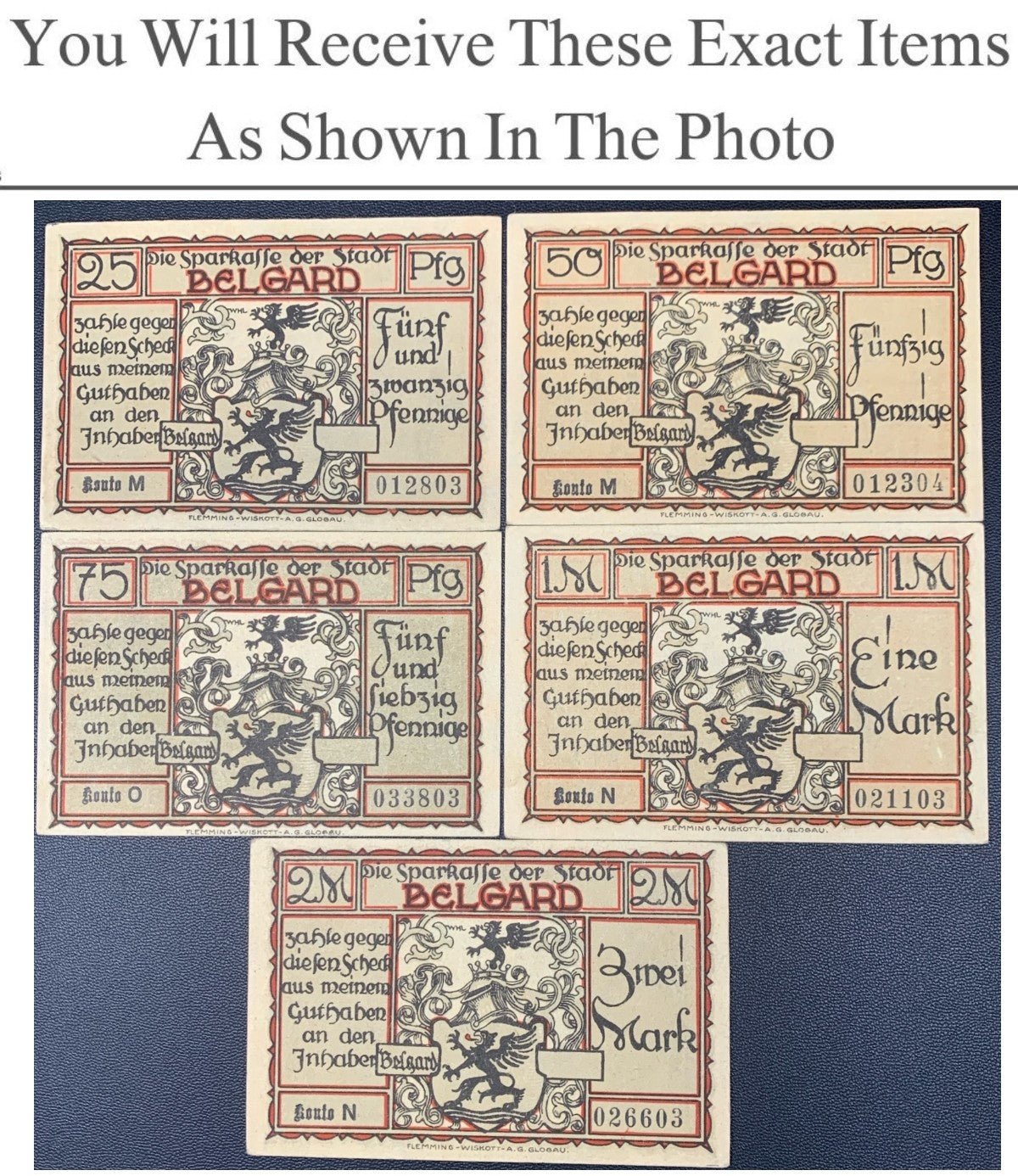 Germany Notgeld BELGARD 25 50 75  Pfennig 1 2 Mark 1921 Full Set 5 pcs