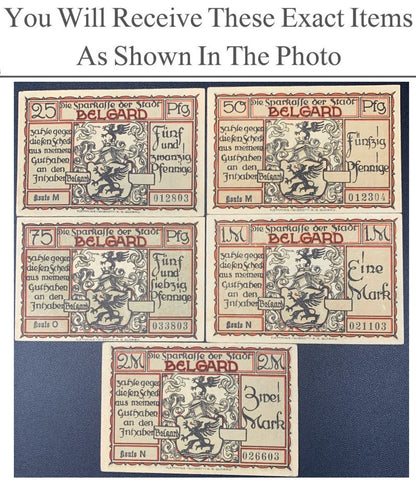 Germany Notgeld BELGARD 25 50 75  Pfennig 1 2 Mark 1921 Full Set 5 pcs