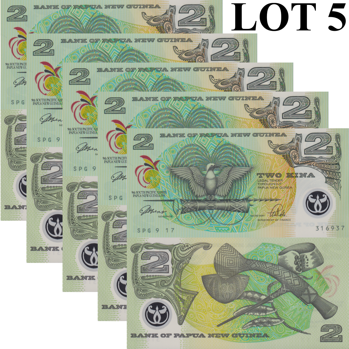 Papua New Guinea 2 Kina 1991 P 12a Polymer UNC COMM. 1/20 Bundle Lot 5 pcs