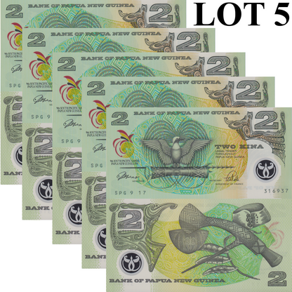 Papua New Guinea 2 Kina 1991 P 12a Polymer UNC COMM. 1/20 Bundle Lot 5 pcs