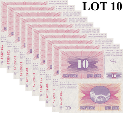 Bosnia & Herzegovina 10 Dinara 1992 P 10 UNC 1/10 Bundle Lot 10 pcs