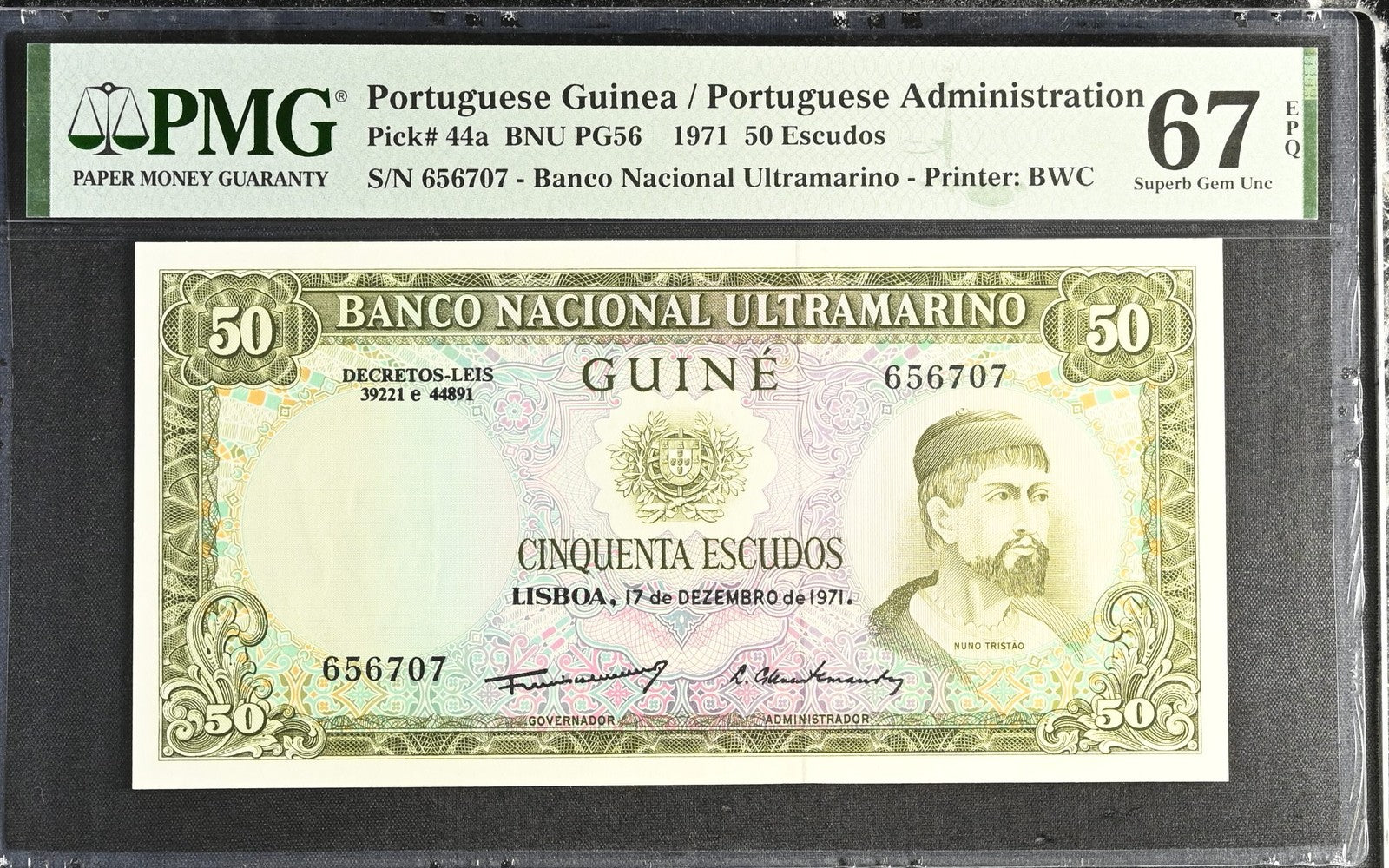 Portuguese Guinea 50 Escudos 1971 P 44a UNC PMG 67 EPQ 3rd TOP POP