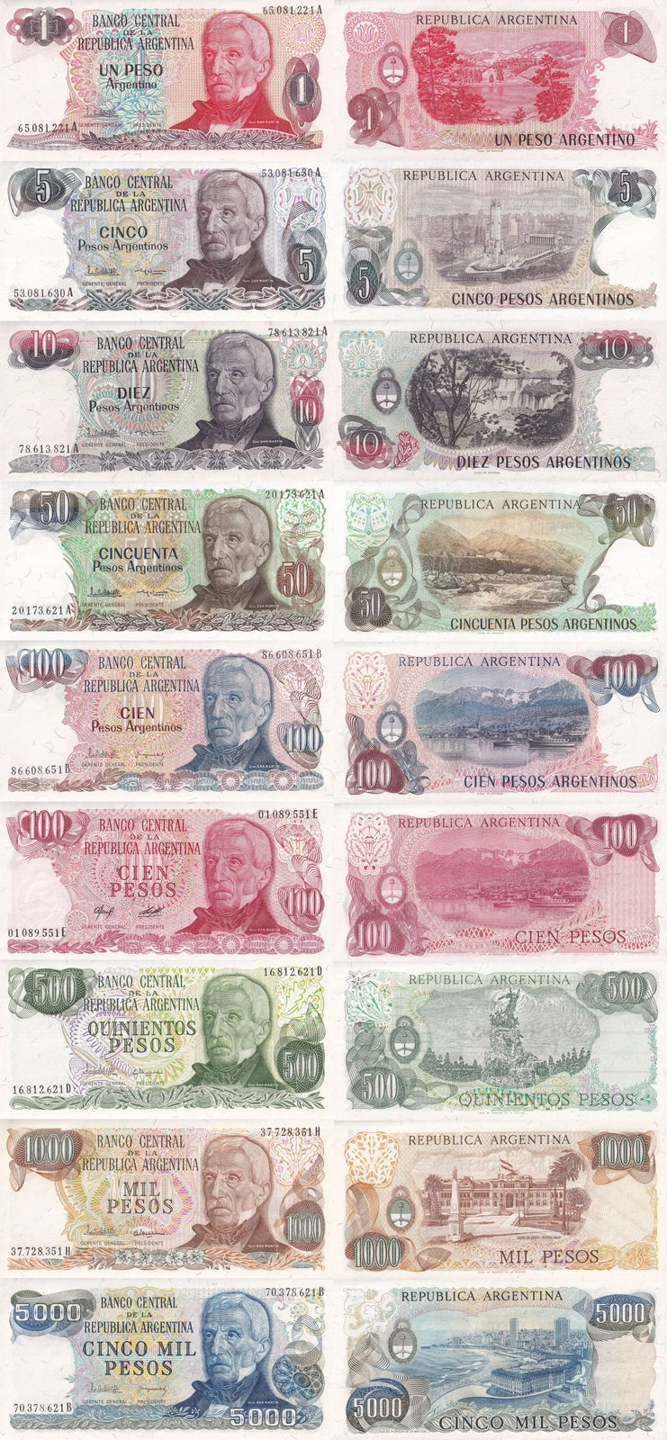 Argentina 1-5000 Pesos ND 1976-1985 P 302-315 UNC Set 9 pcs
