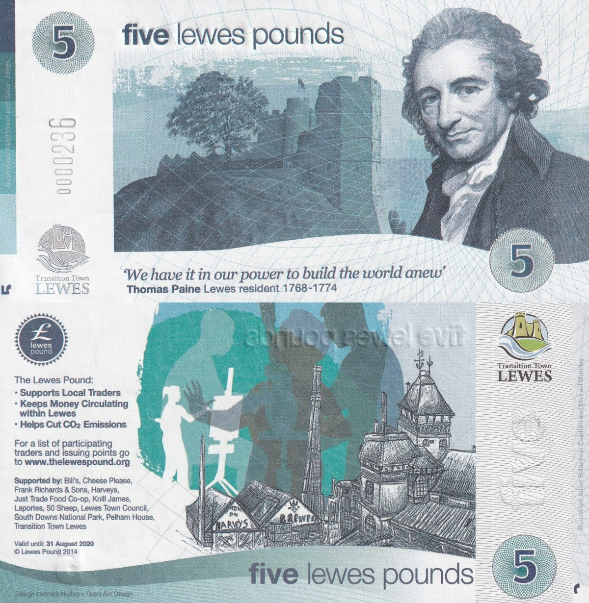 England 5 Lewes Pound 2014 Local Currency Banknote UNC LOW S/N 0000XXX