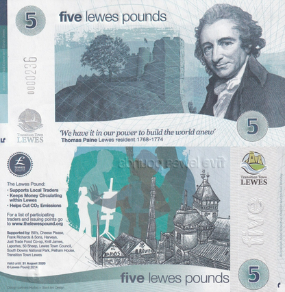 England 5 Lewes Pound 2014 Local Currency Banknote UNC LOW S/N 0000XXX