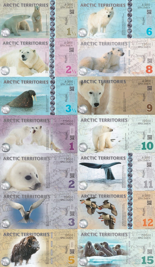 Arctic Territories TEST NOTE 1.5 - 15 2010-2014 Polymer UNC Set 14 pcs Specimen