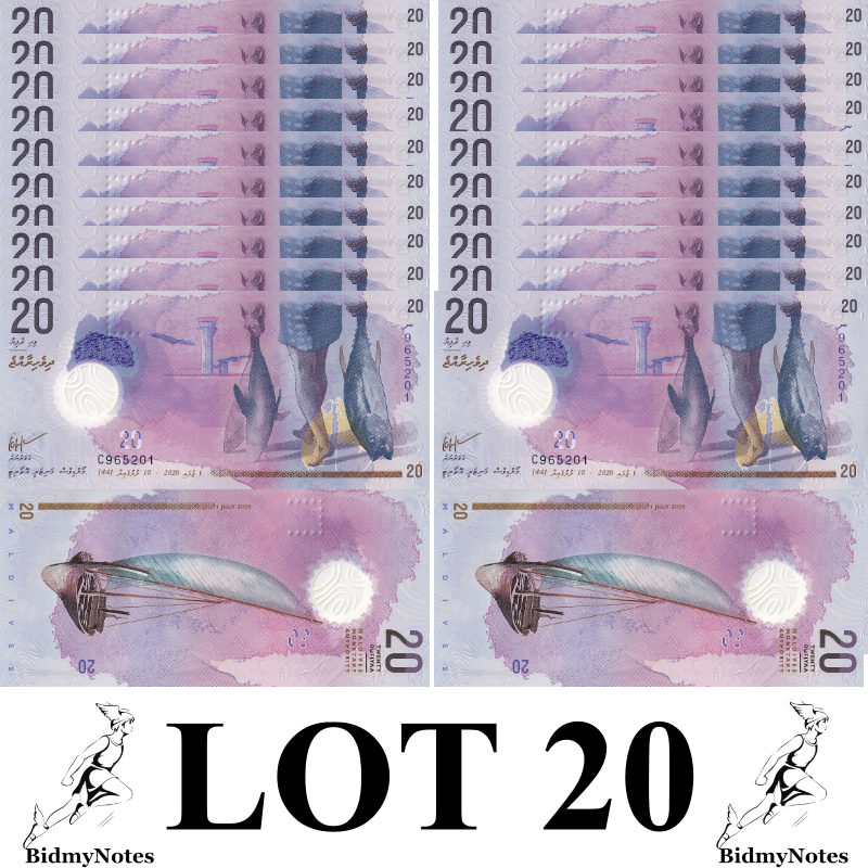 Maldives 20 Rufiyaa 2020 P 27 Polymer UNC 1/5 Bundle LOT 20 pcs