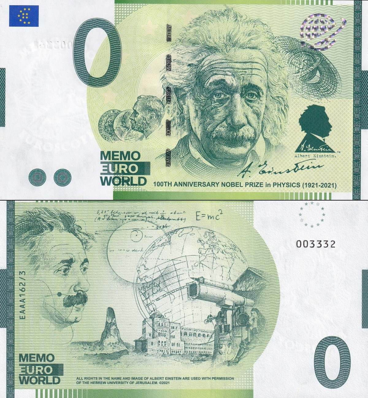 Israel TEST NOTE 0 Euro 2022 100th anniversary Noble Prize 3rd in Serie UNC