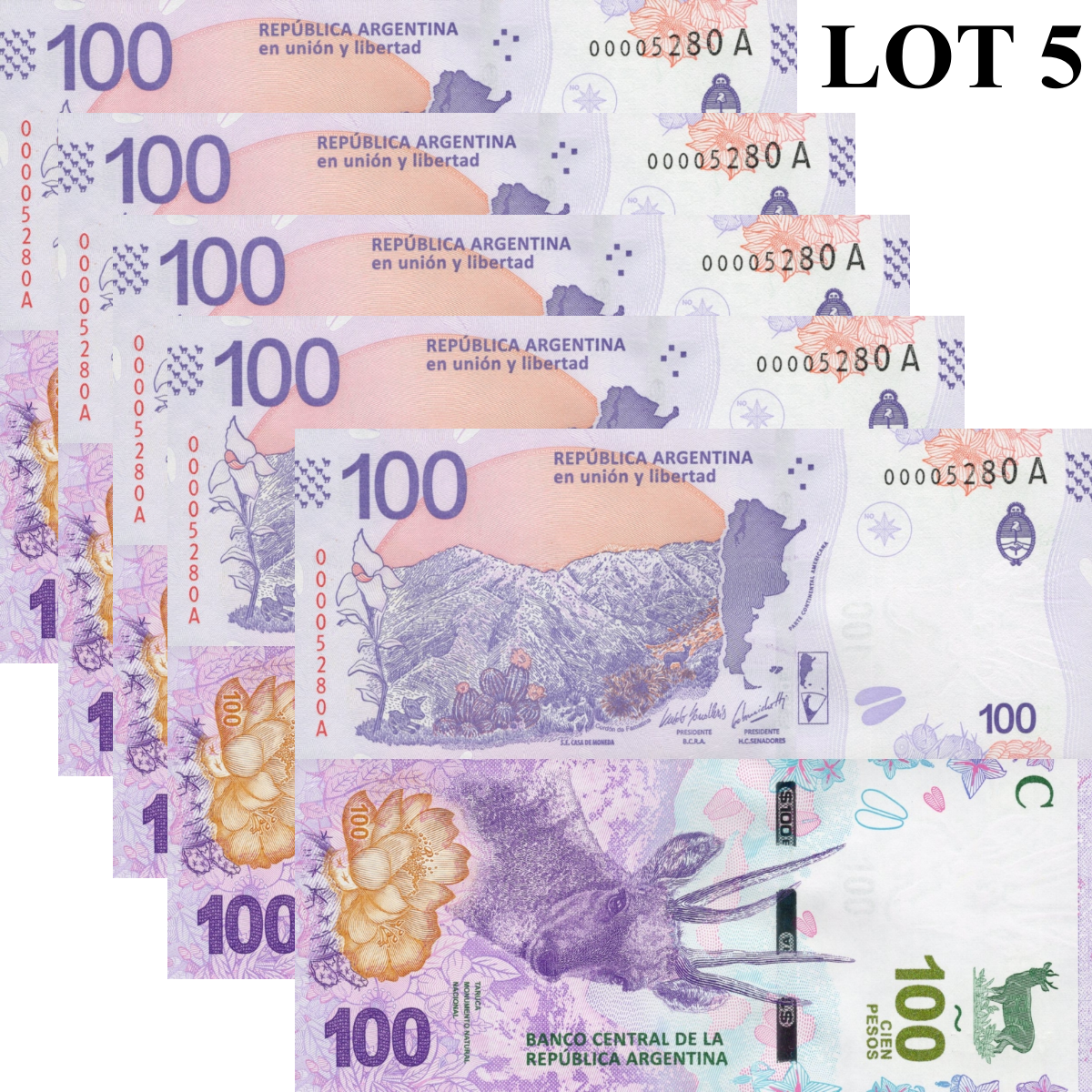 Argentina 100 Pesos ND 2018 P 363A UNC LOW S/N 0000XXXX 1/20 Bundle LOT 5 pcs