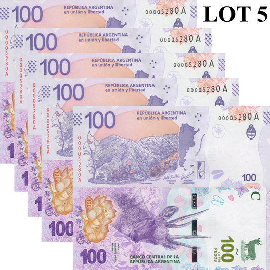 Argentina 100 Pesos ND 2018 P 363A UNC LOW S/N 0000XXXX 1/20 Bundle LOT 5 pcs