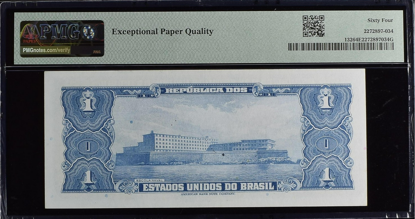 Brazil 1 Cruzeiro ND (1944) P 132 UNC PMG 64 EPQ Hand Sign Serie 333A