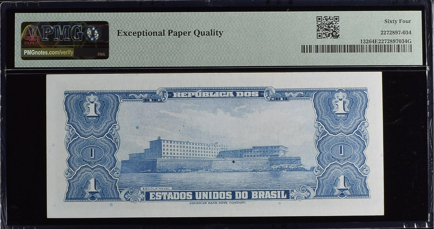 Brazil 1 Cruzeiro ND (1944) P 132 UNC PMG 64 EPQ Hand Sign Serie 333A