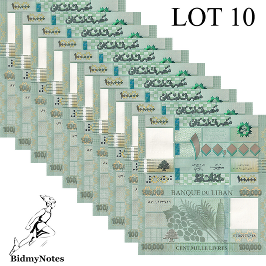 Lebanon 100000 Livres 2022 P 95 UNC 1/10 Bundle LOT 10 pcs