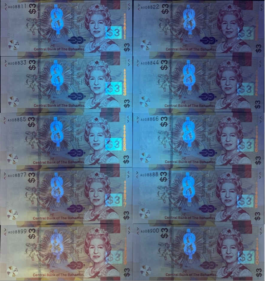 Bahamas 3 Dollars 2019 P 78 UNC Set 10 pcs Lucky Fancy No. A008811-8888-8900