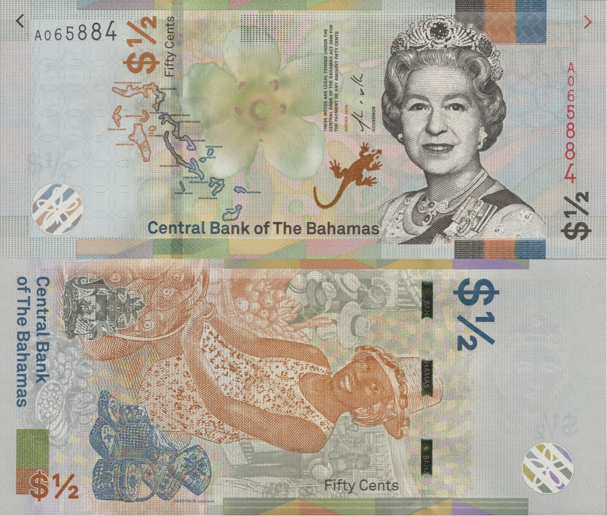 Bahamas 1/2 Dollar 2019 P A77 QEII UNC 1/20 Bundle Lot 5 pcs