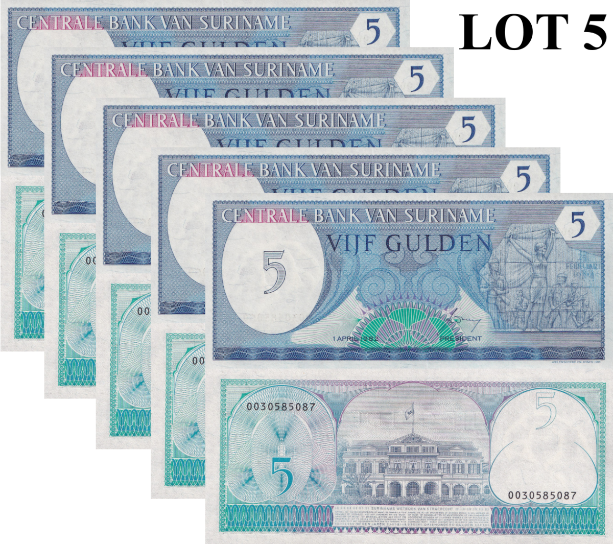 Suriname 5 Gulden 1982 P 125 UNC 1/20 Bundle Lot 5 pcs