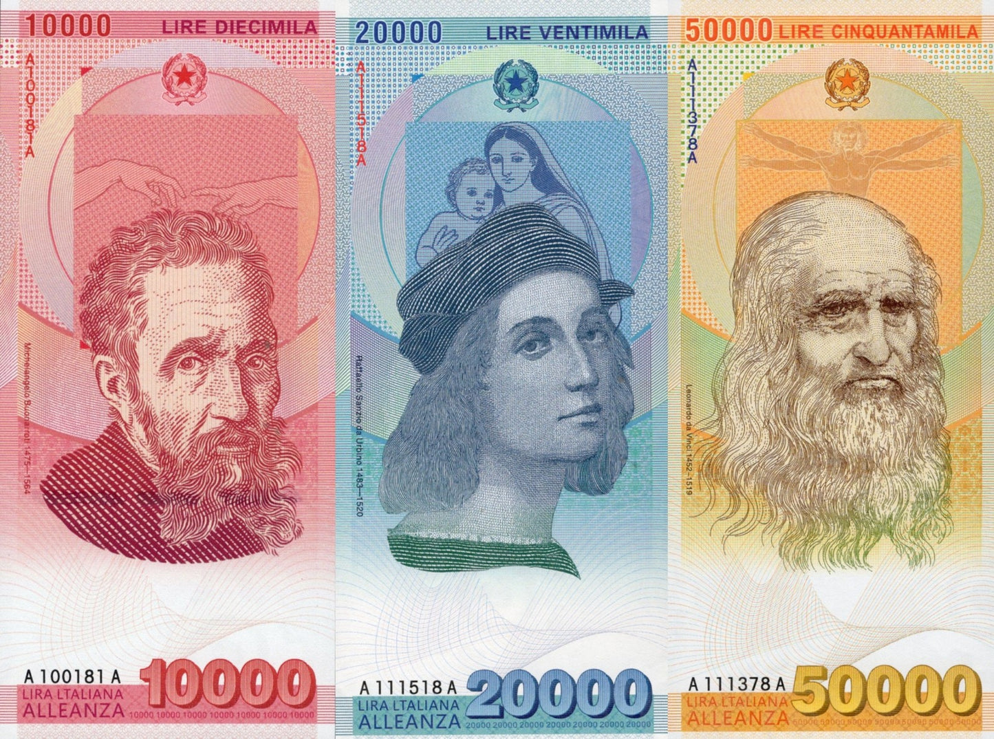 Italy TEST NOTE 10000 20000 50000 Lire Renaissance Artists Banknote Set 3 p UNC