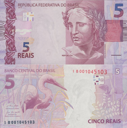 Brazil 5 Reais 2010 P 253 Random Sign UNC 1/20 Bundle Lot 5 pcs