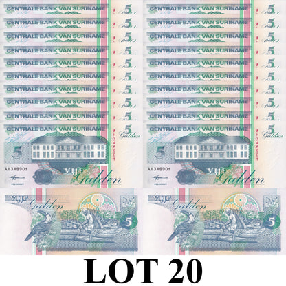 Suriname 5 Gulden 1998 P 136b UNC 1/5 Bundle Lot 20 pcs
