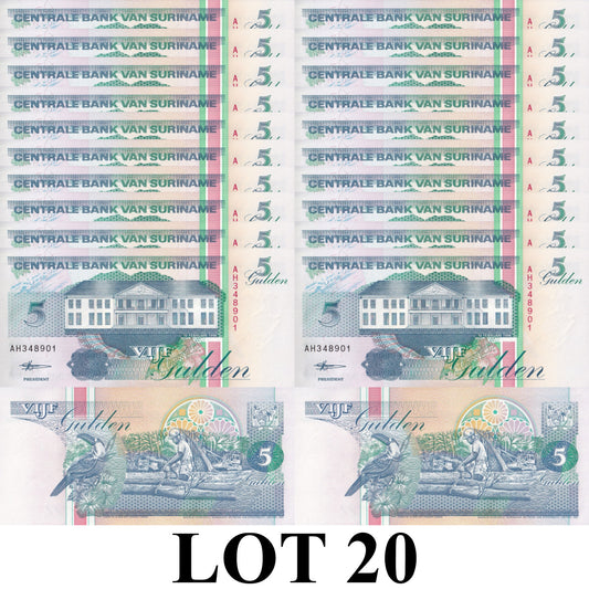 Suriname 5 Gulden 1998 P 136b UNC 1/5 Bundle Lot 20 pcs