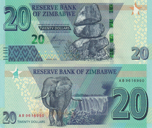 Zimbabwe  20 Dollars 2020 P 104  UNC Frist Prefilx AA