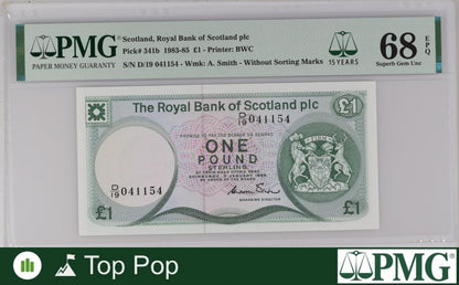 Scotland Royal Bank of Scotland plc £1 1983-85 P 341b UNC PMG 68 EPQ TOP POP