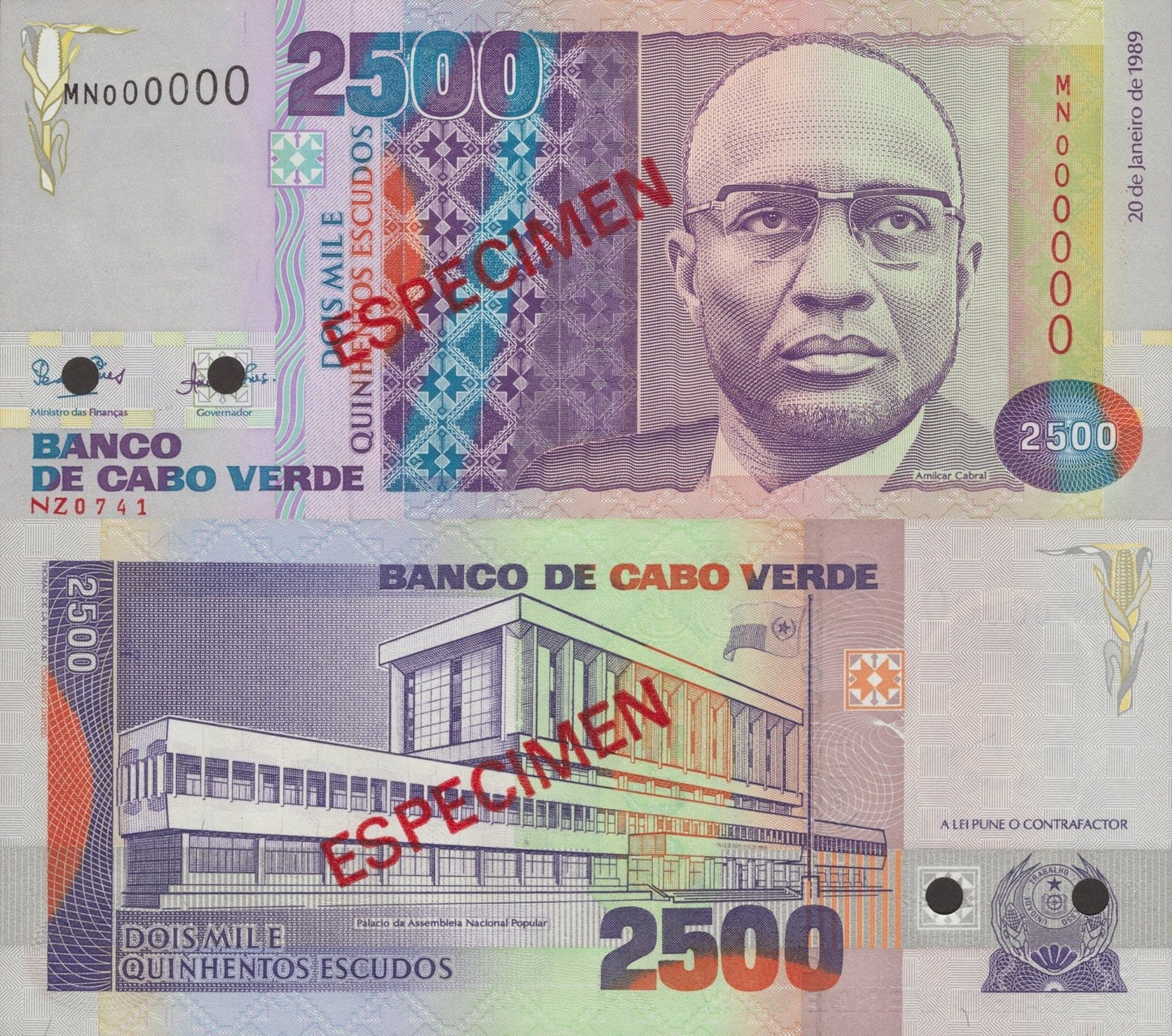 Cape Verde Cabo Verde 2500 Escudo 1989 P 61a UNC SPECIMEN