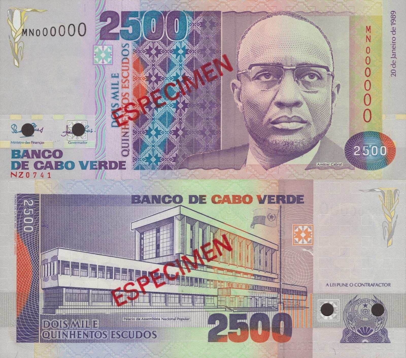 Cape Verde Cabo Verde 2500 Escudo 1989 P 61a UNC SPECIMEN