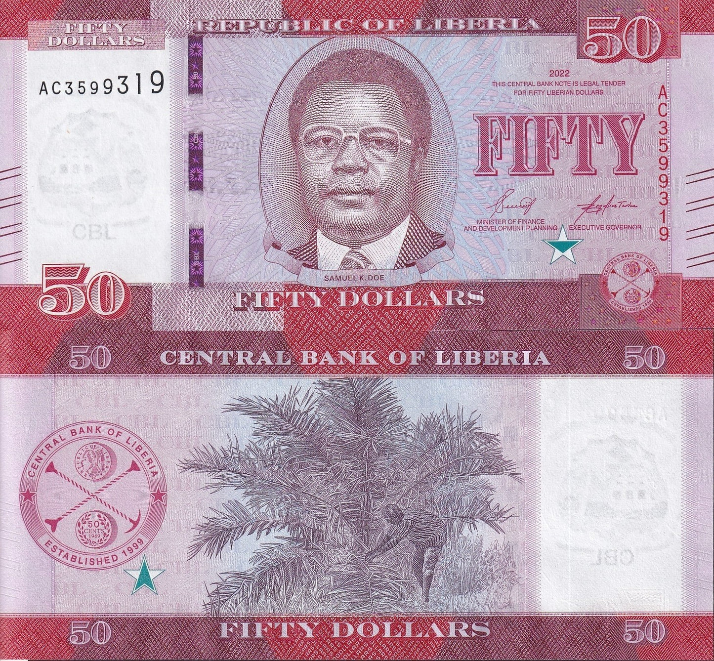 Liberia 50 Dllars 2022 P 40 UNC 1/10 Bundle Lot 10 pcs