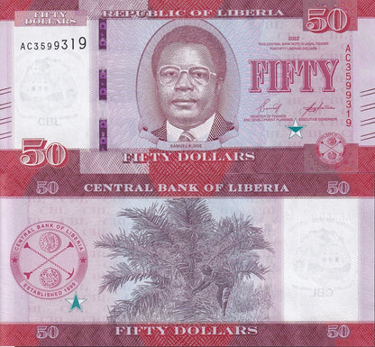 Liberia 50 Dllars 2022 P 40 UNC 1/10 Bundle Lot 10 pcs