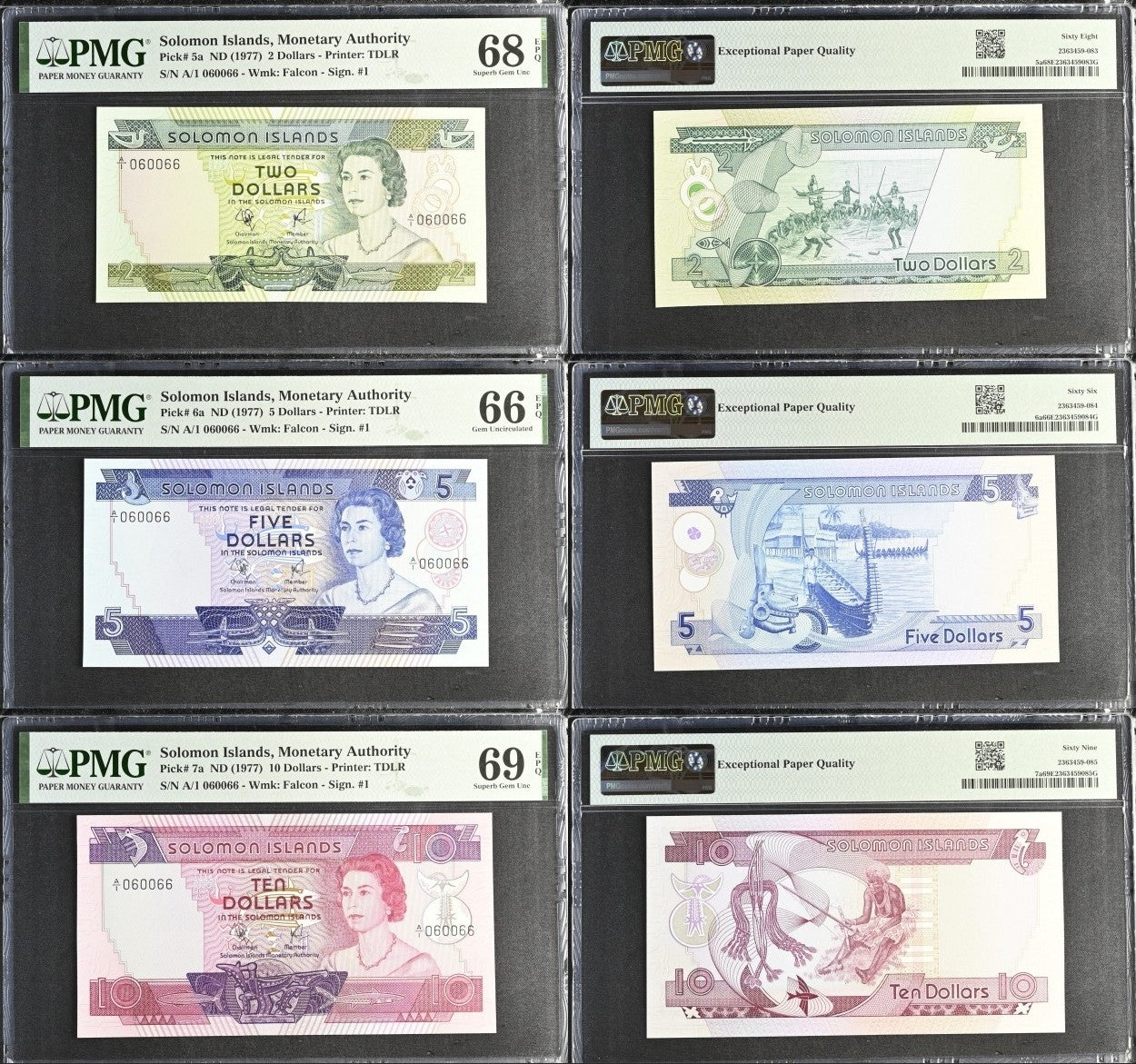 Solomon Islands ND 1977 P 5a 6a 7a UNC PMG 66 68 69 EPQ Set 3 p Macth No. 060066