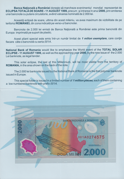 Romania 2000 Lei 1999 P 111b Polymer UNC Commemorative Prefix 001A With Folder
