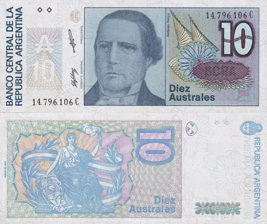 Argentina 10 Australes ND 1985-1989 P 325b UNC MINOR FOXING
