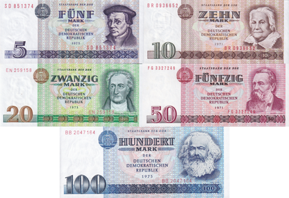 Germany 5 10 20 50 100 Mark DDR 1971-1975 P 27b 28b 29a 30b 31a UNC Set 5 pcs