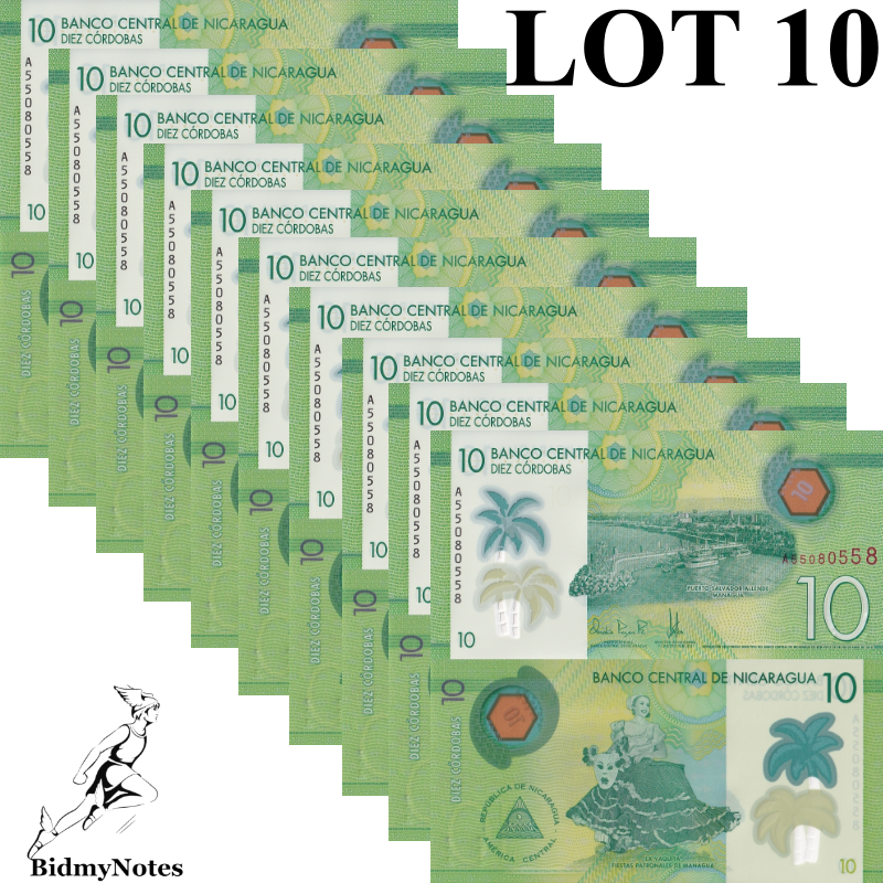 Nicaragua 10 Cordobas 2019 P 209a Polymer UNC 1/10 Bundle LOT 10 pcs