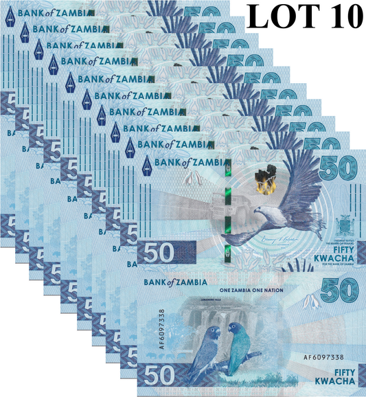 Zambia 50 Kwacha 2024 2025 P New Issue UNC 1/10 Bundle LOT 10 pcs
