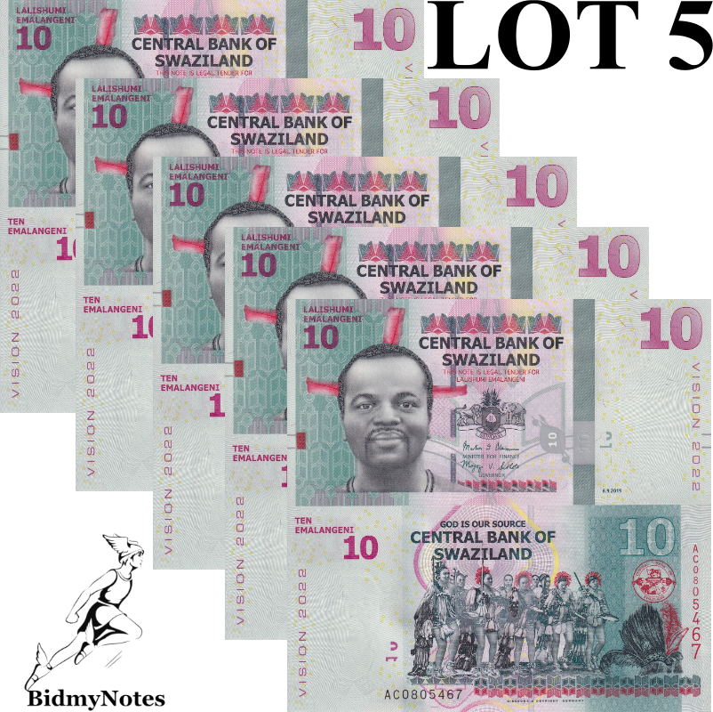 Swaziland Eswatini 10 Emalangeni 2015 P 41 Vision 2022 UNC 1/20 Bundle LOT 5 pcs