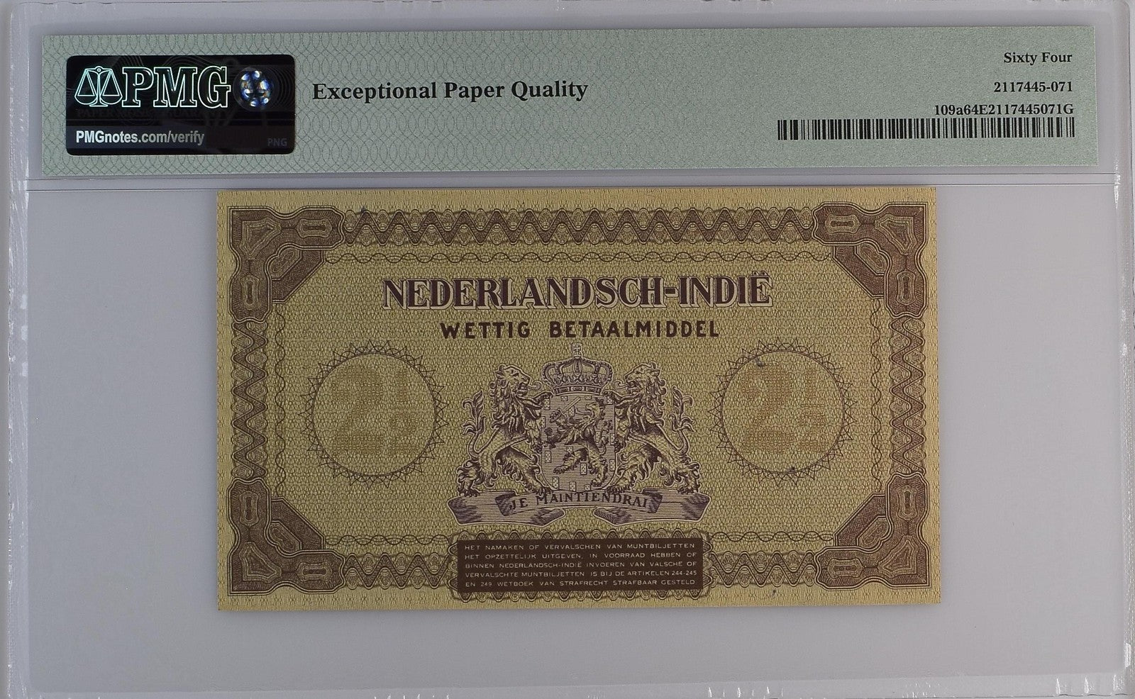 Netherlands Indies Muntbiljet 2 1/2 Gulden 1940 P 109a UNC PMG 64 EPQ