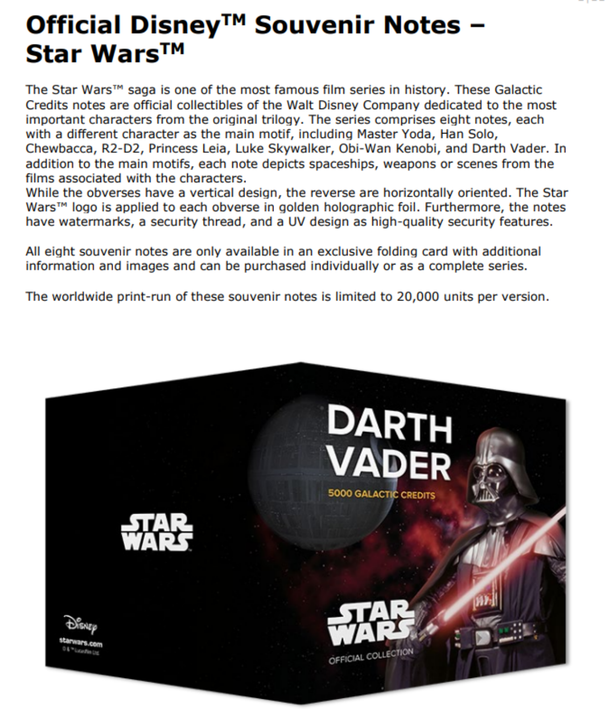 Disney Official Star Wars 5000 Galactic Credits 2025 Darth Vader UNC With Folder