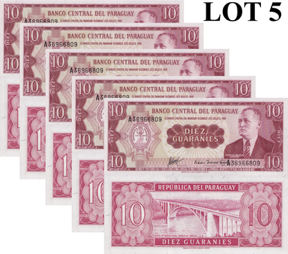 Paraguay 10 Guaraníes 1952 P 196 UNC 1/20 Bundle Lot 5 pcs