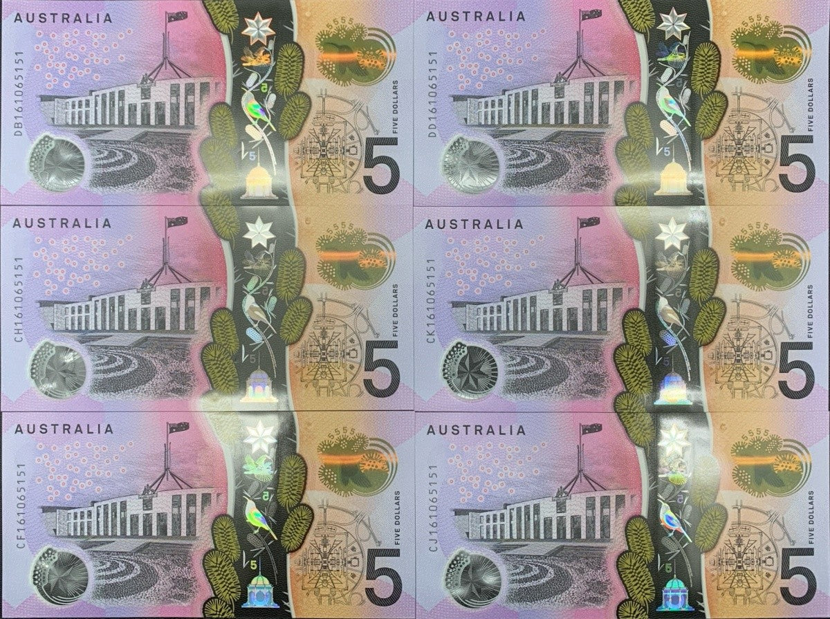 Australia 5 Dollars 2016 P 62 Polymer UNC Set 6 pcs Matching S/N