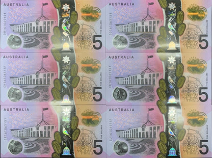 Australia 5 Dollars 2016 P 62 Polymer UNC Set 6 pcs Matching S/N