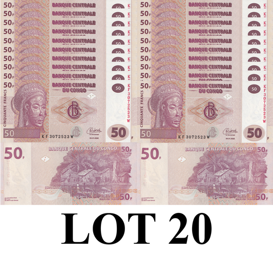 Congo Democratic Republic 50 Francs 2022 P 97A UNC 1/5 Bundle Lot 20 pcs
