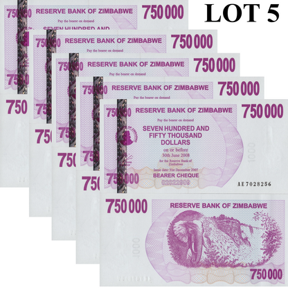Zimbabwe 750000 Dollars 2007 P 52 UNC 1/20 Bundle Lot 5 pcs