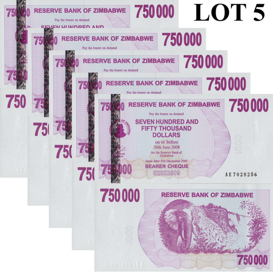 Zimbabwe 750000 Dollars 2007 P 52 UNC 1/20 Bundle Lot 5 pcs