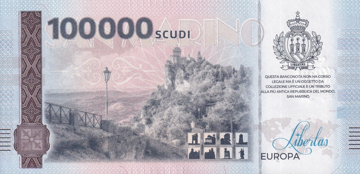 San Marino Republic 100000 Scudi Statua Della Liberta UNC COMM. Test Note