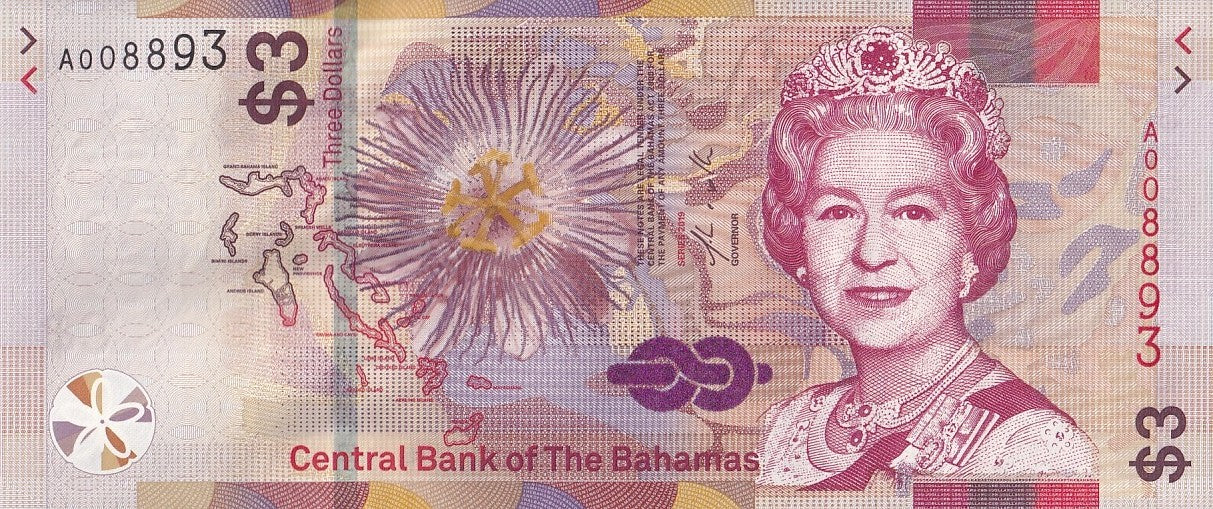Bahamas 3 Dollars 2019 P 78 UNC LOW Serial No. 00XXXX