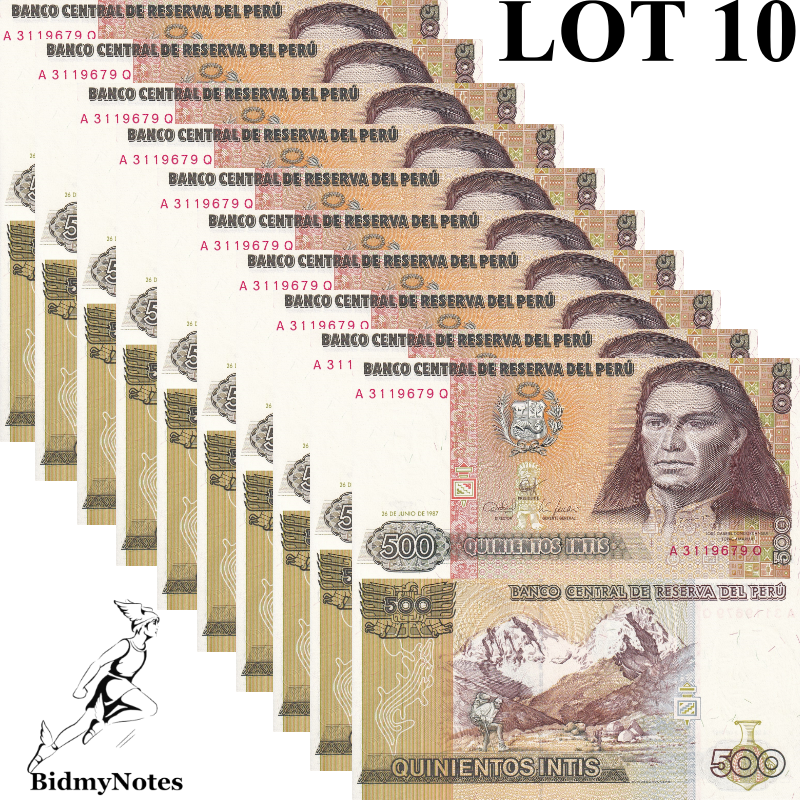Peru 500 Intis 1987 P 134b UNC 1/10 Bundle LOT 10 pcs