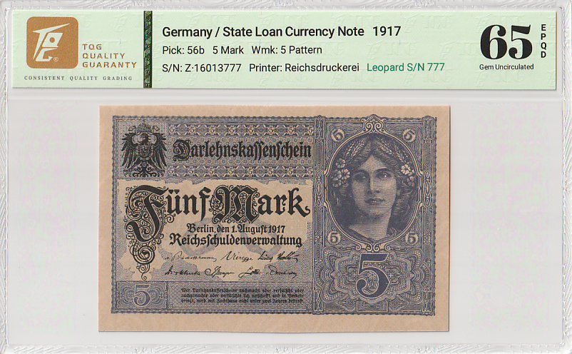 Germany 5 Mark 1917 P 56b Leopard S/N 777 UNC TQG 65 EPQD With Hard Case